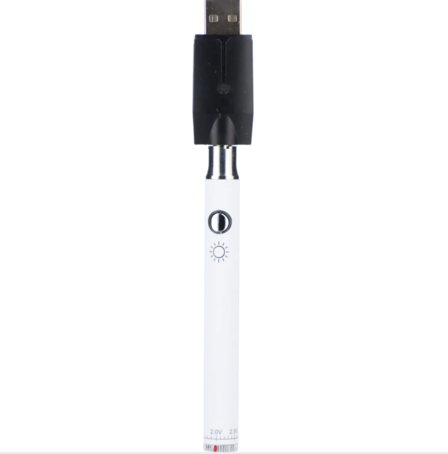 The Jane West Day 510 Vape Battery in White, shown screwed into its unique geometrically shaped USB charger. The image highlights the clean branding and the high-end aesthetic of the device.