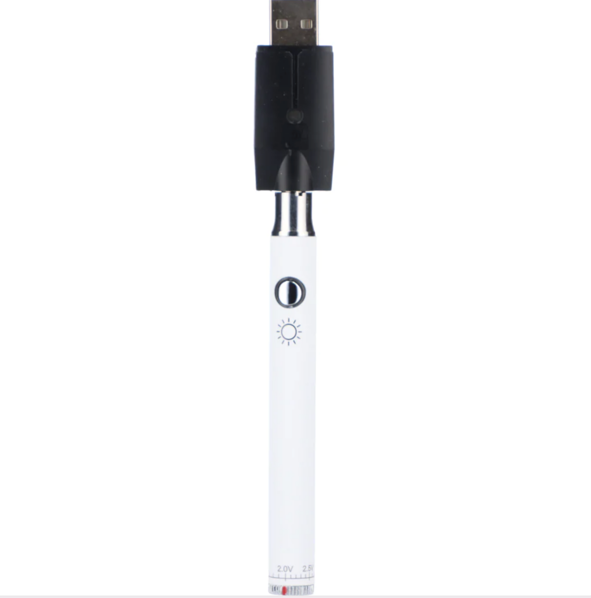 The Jane West Day 510 Vape Battery in White, shown screwed into its unique geometrically shaped USB charger. The image highlights the clean branding and the high-end aesthetic of the device.
