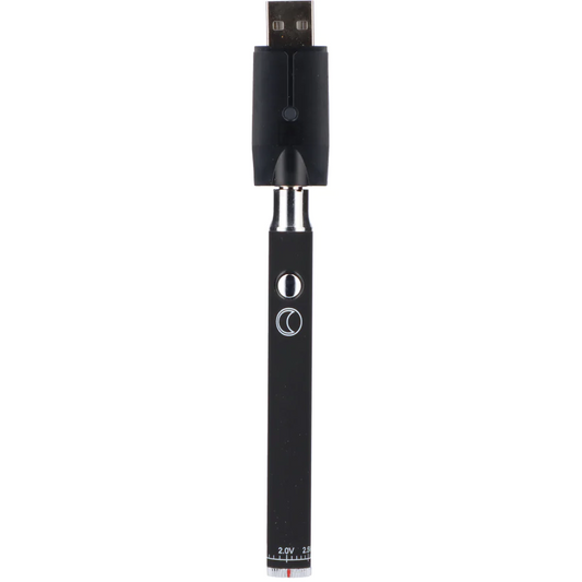 The Jane West Night 510 Vape Battery in Black, shown with the custom geometrically shaped USB charger screwed into the top. The image highlights the sleek black finish and the signature gold moon icon on the power button.