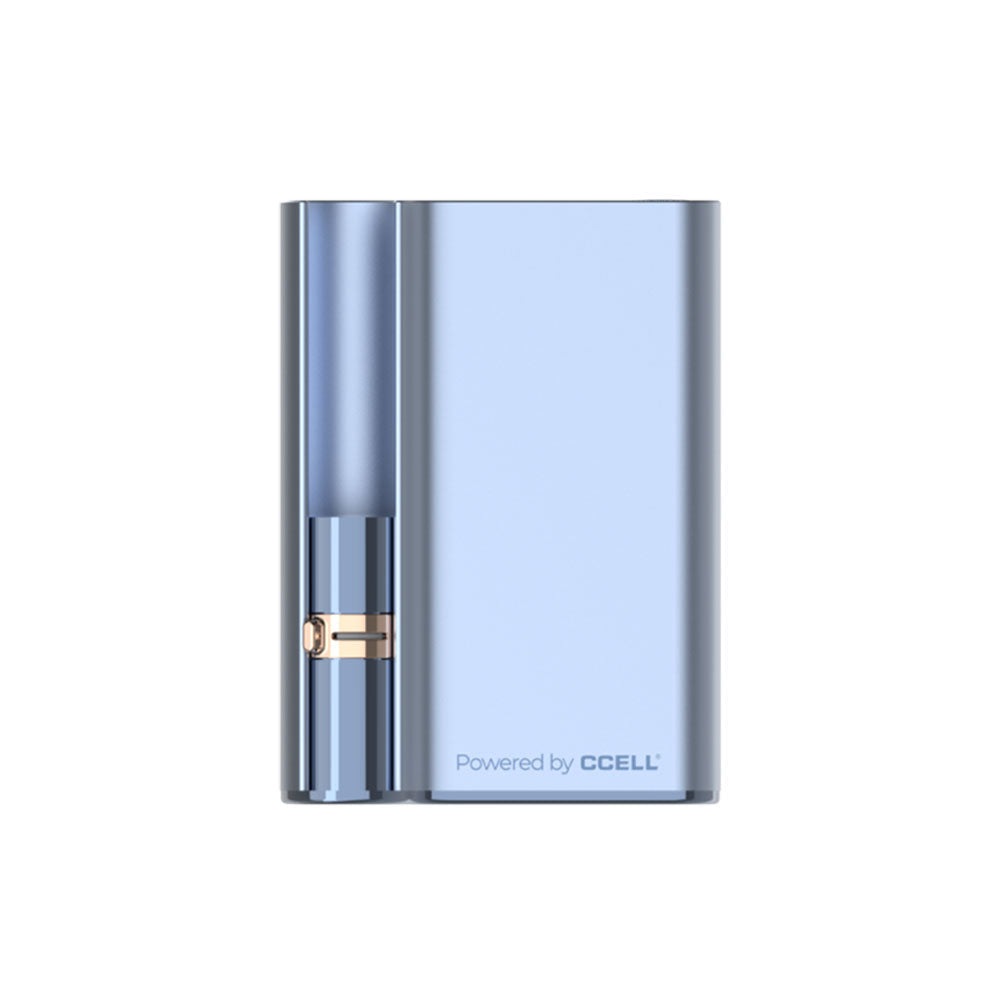 A front-angle studio shot of the Jupiter CCELL Palm Pro in Blue. The device features a vibrant royal blue satin metallic finish over its signature curved, ergonomic palm-grip chassis. The top view showcases the precision manual airflow slider and the drop-in 510 cartridge recess slot.