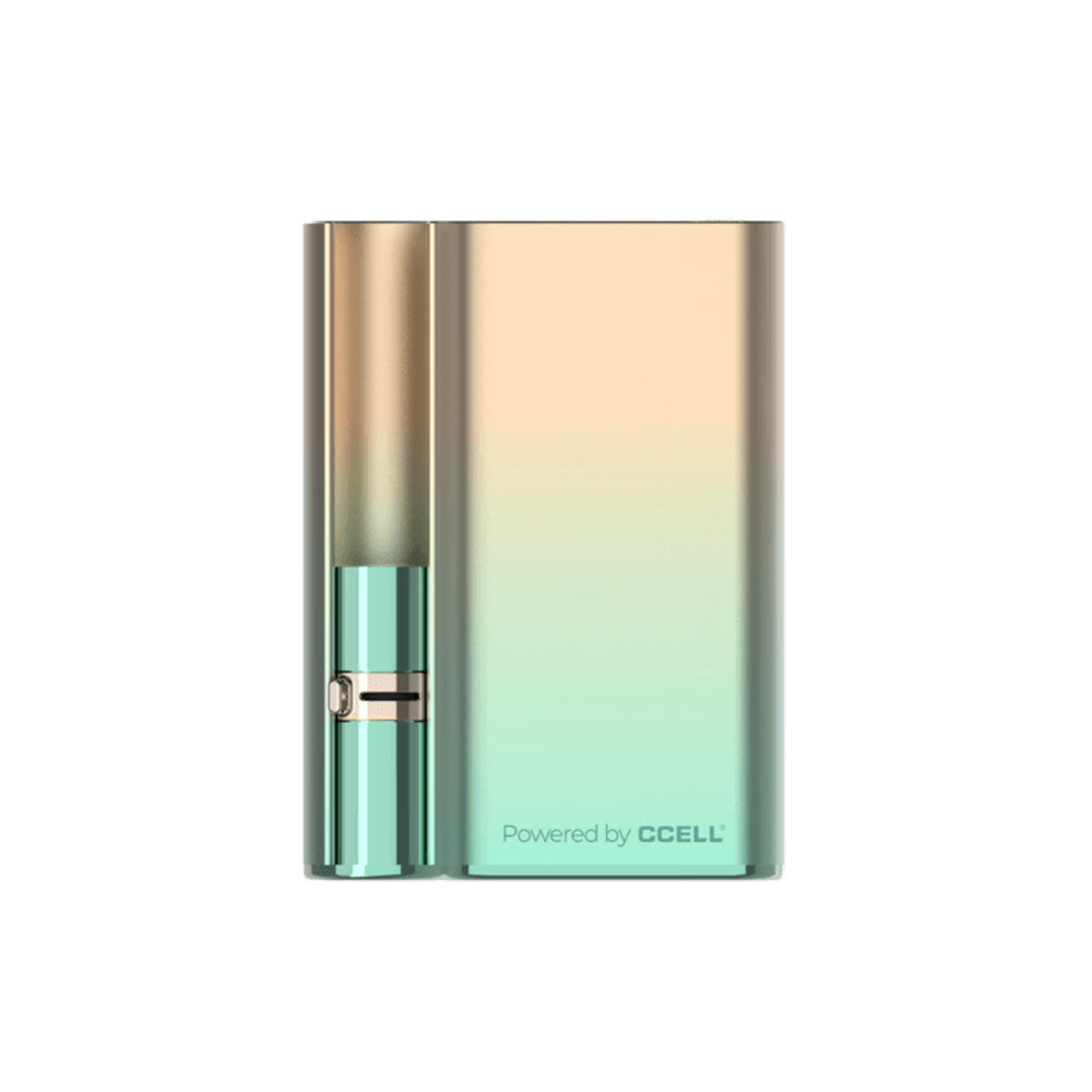 A front-facing studio shot of the Jupiter CCELL Palm Pro in Champagne. The device features a smooth, elegant pale-gold satin metallic finish over its distinct, curved palm-fit chassis, highlighting the clean 3-tier LED status indicators on the front panel.