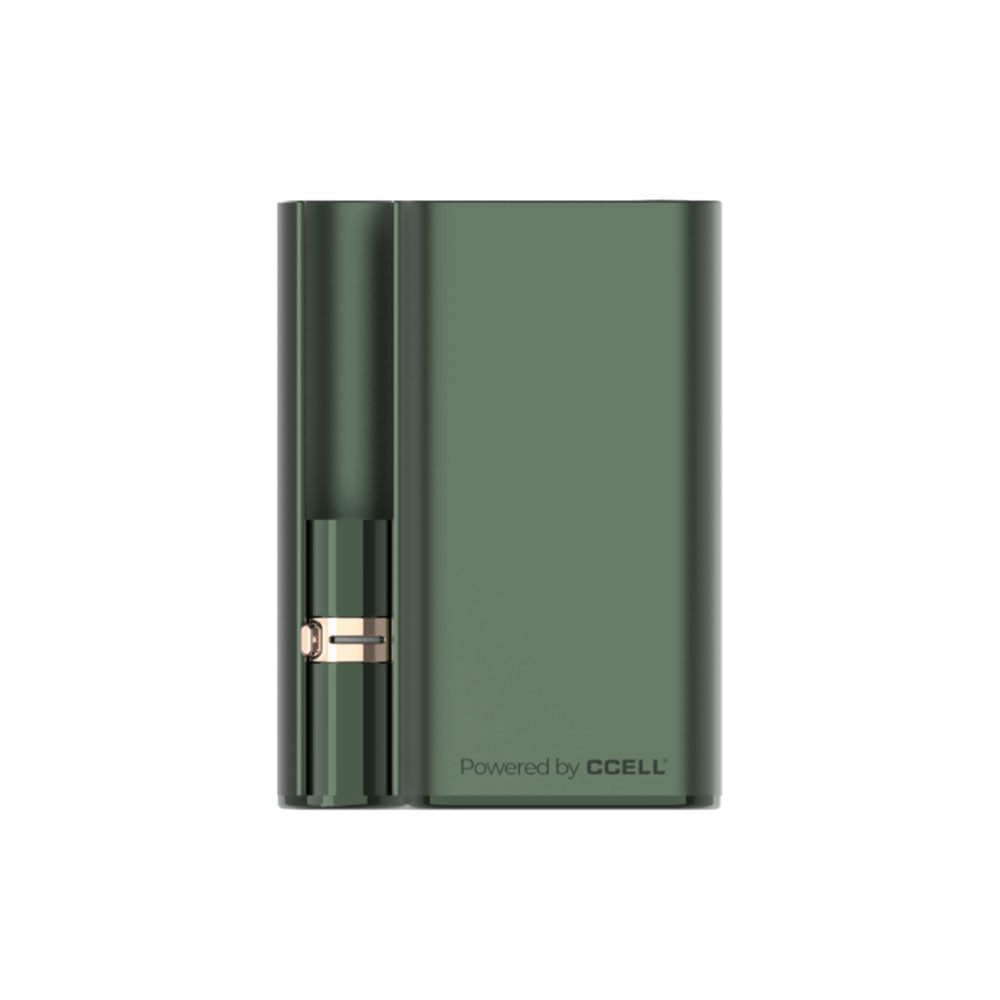 A front-profile studio shot of the Jupiter CCELL Palm Pro in Forest Green. The unit is coated in a deep, matte earthy green finish, emphasizing its minimalist design and the subtle top-mounted manual airflow slider switch.