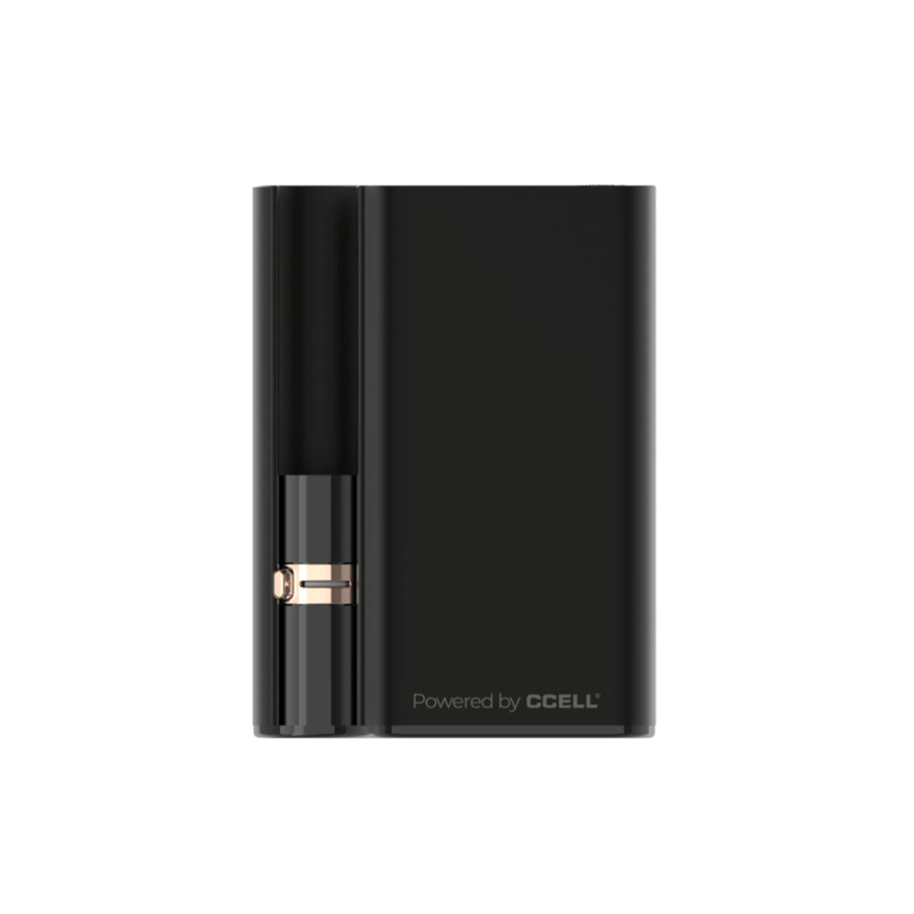 A front-facing studio shot of the Jupiter CCELL Palm Pro in Graphite. The device features a sleek, deep gunmetal gray satin metallic finish over its signature curved, concealable palm-grip frame, showcasing the neat alignment of the three front LED status indicator lights.