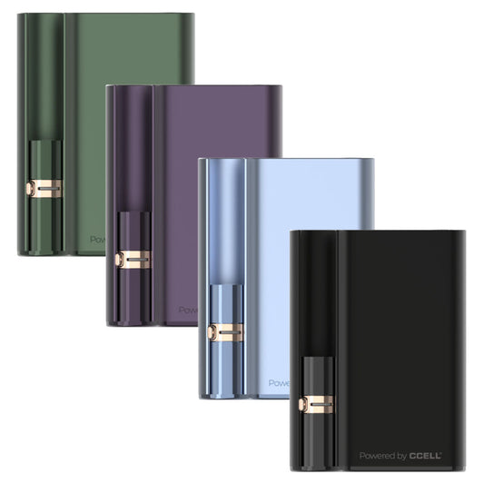 A crisp group presentation displaying the CCELL Palm Pro color lineup. Arranged side-by-side are the premium metallic finishes in Black, Blue, Purple, and Green, clearly illustrating the uniform placement of the front LED voltage indicators and the sleek, minimalist pocket-sized design.