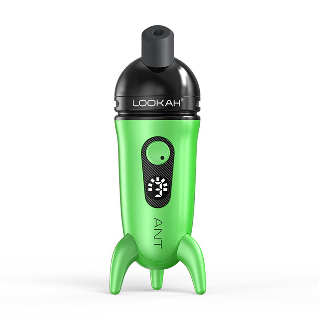 A clean studio product photo of the LOOKAH Ant Wax Dab Pen Vaporizer in Lime Green, highlighting the bright metallic green chassis, black accent cap, digital screen readout, and stable 3-leg base.
