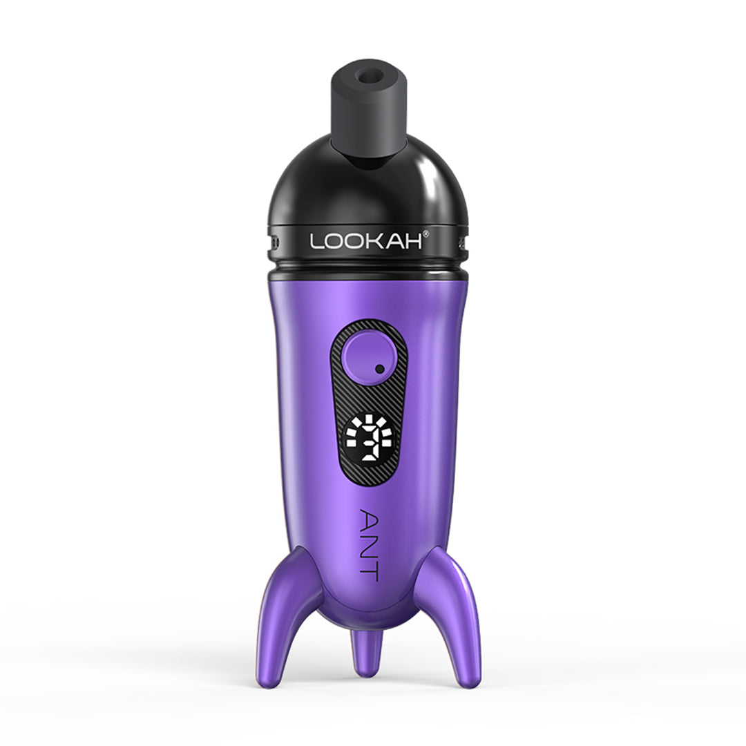 A front studio product shot of the LOOKAH Ant Wax Dab Pen Vaporizer in Metallic Purple, featuring a dark black magnetic top cap, rocket tripod feet, power button, and clear digital LED display.