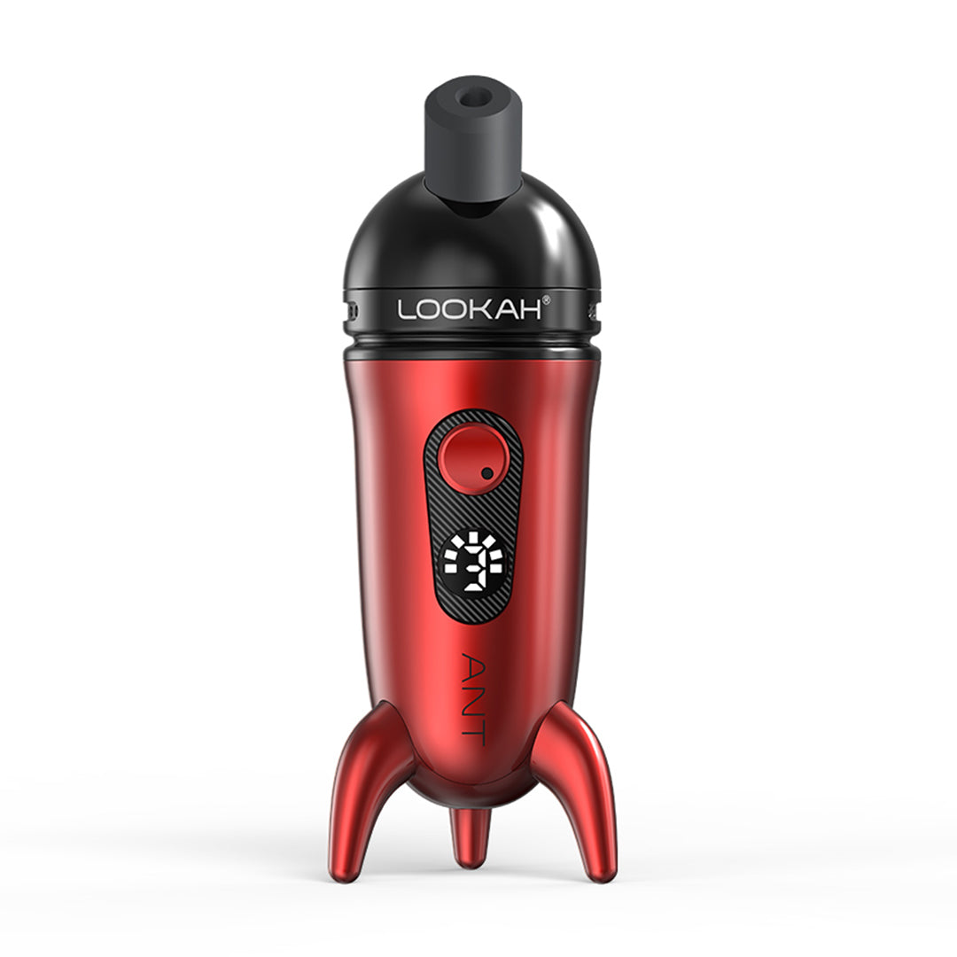A front studio shot displaying the LOOKAH Ant Wax Dab Pen Vaporizer in Crimson Red, showing the glossy metallic red finish, tripod base, black upper cap, and central control interface.
