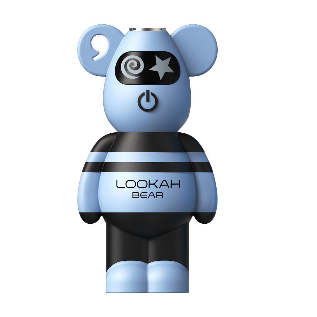 A front-profile shot of the Lookah Bear 510 Battery in Aqua. The image highlights the soft blue bear-shaped silicone body, the central power button, and the signature "LOOKAH BEAR" branding on the striped torso. The ear design features a lanyard hole for easy carrying.