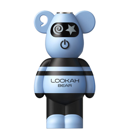 A front-profile shot of the Lookah Bear 510 Battery in Aqua. The image highlights the soft blue bear-shaped silicone body, the central power button, and the signature "LOOKAH BEAR" branding on the striped torso. The ear design features a lanyard hole for easy carrying.