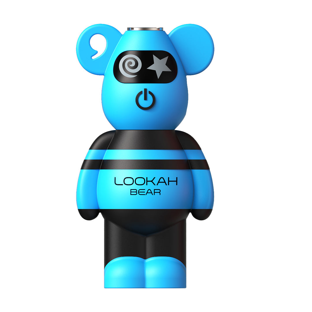 A front view of the Lookah Bear Battery in Blue. This shot showcases a deep, classic blue finish on the bear's head and feet, contrasted by the black and blue stripes on the body. The design includes the signature lanyard loop in the ear, highlighting the device's focus on portable, character-driven style.