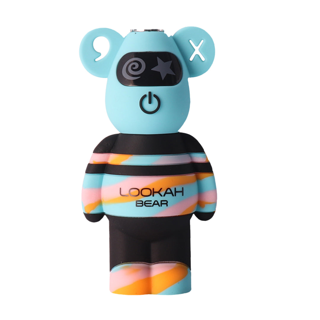A front view of the Lookah Bear Battery in Blue Tiedye. This version showcases a vibrant swirl of blue, orange, and pink patterns across the bear's body, emphasizing the unique, colorful aesthetic of this compact 500mAh vape battery.