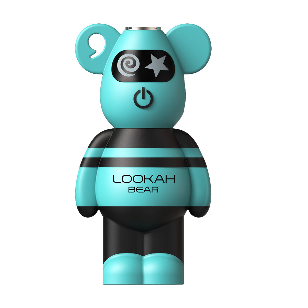 A front-facing studio shot of the Lookah Bear 510 Battery in Cyan. The image displays the bright teal silicone body and the bear's "face" featuring a swirl and star eye design. The 510-thread connection is visible at the top of the head, and the central power button sits just above the black-and-teal striped torso.