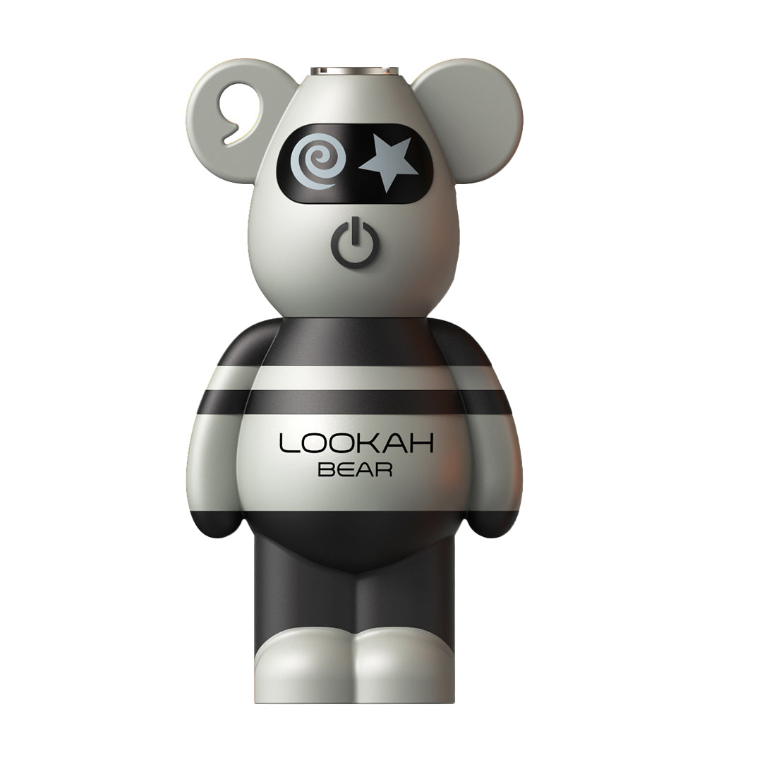 A front-facing studio shot of the Lookah Bear 510 Battery in Gray. This version features a sleek, neutral gray silicone body with black accents, emphasizing the modern, minimalist side of the character design. The central power button and lanyard loop are clearly visible, showcasing the device's functional portability.