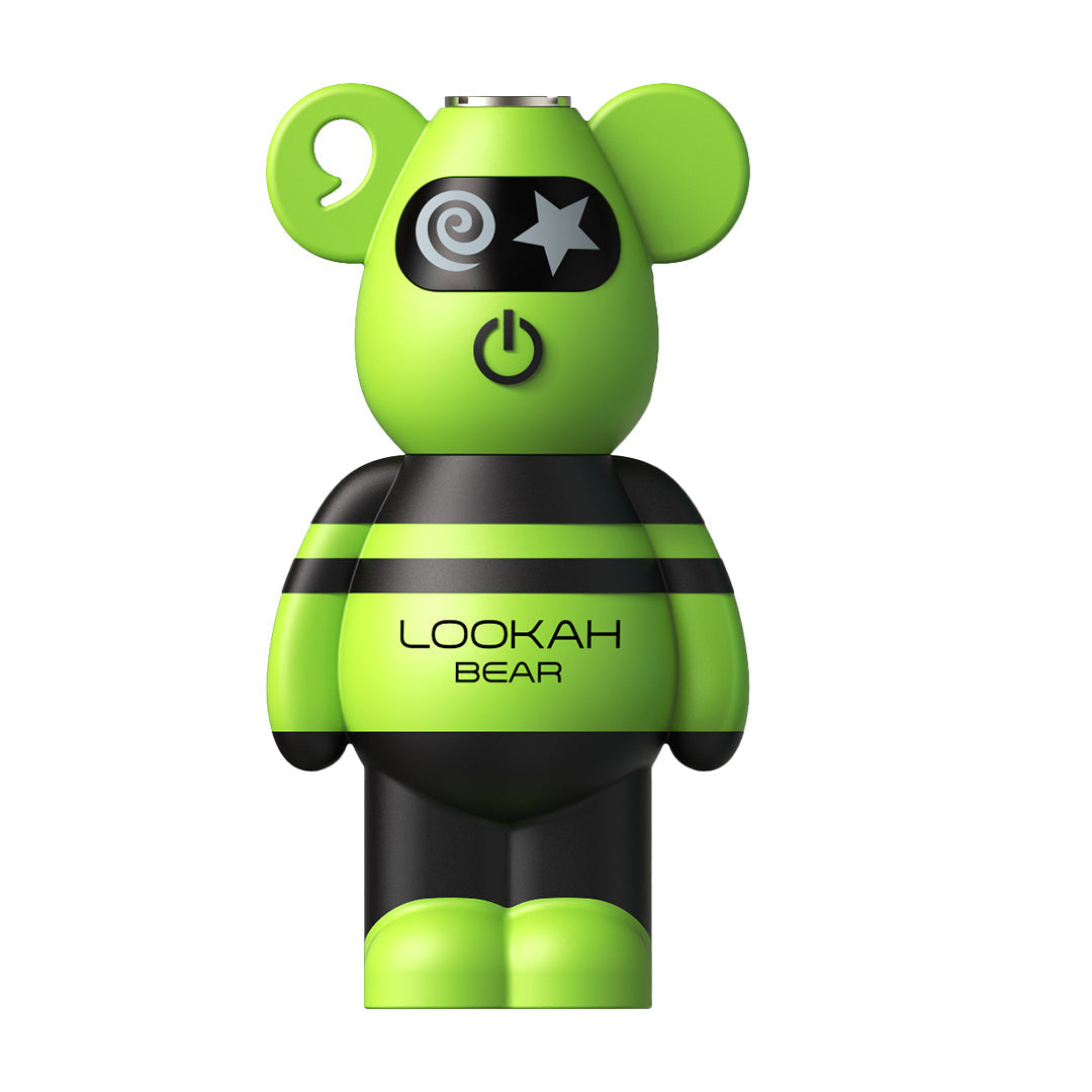 A front-profile view of the LOOKAH Bear Battery in Green. The image highlights a vibrant, neon green finish that pops against the black stripes on the torso. This high-visibility colorway showcases the 500mAh battery's unique bear shape and the signature star-and-swirl eye motif.