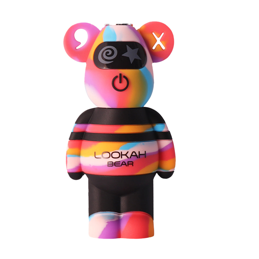 A front-profile view of the Lookah Bear Battery in Rainbow. This eye-catching variant features a multi-colored swirl pattern with vibrant shades of red, blue, orange, and purple. Like the TieDye models, it includes the unique "X" design in the right ear and the standard swirl-and-star eyes, emphasizing its colorful and unique aesthetic.