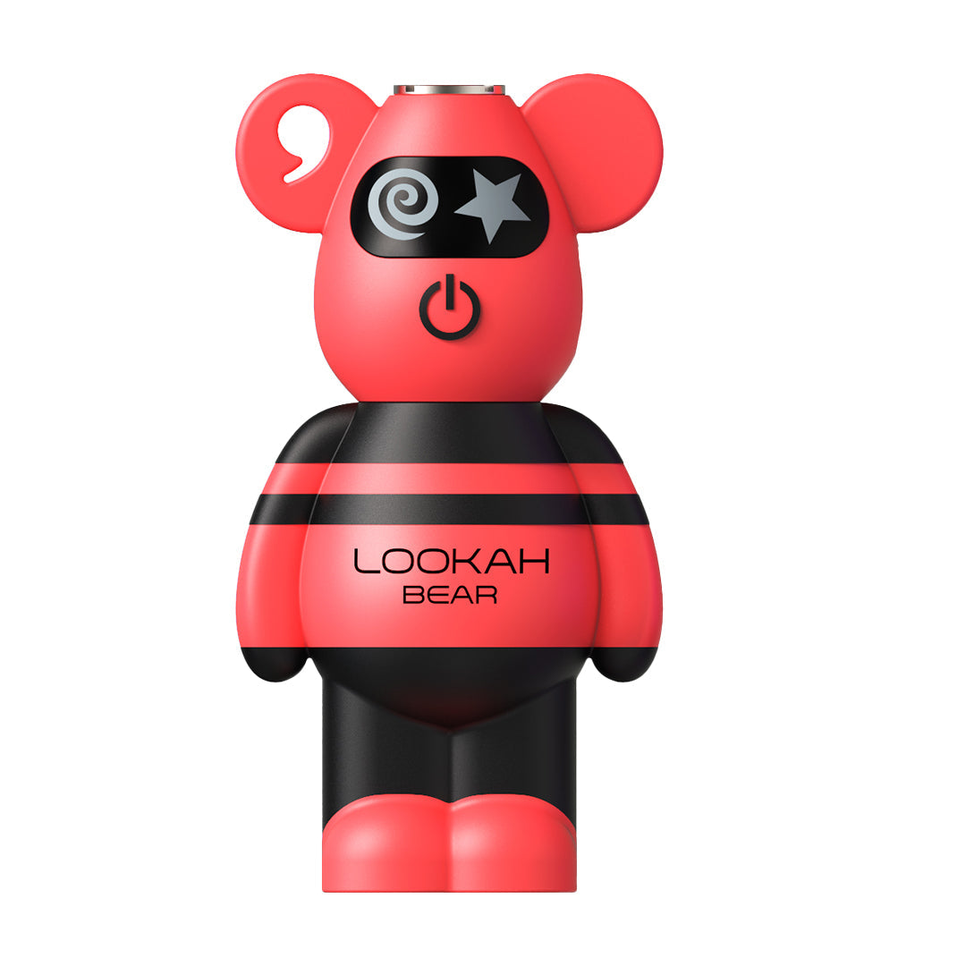 A front-profile studio shot of the Lookah Bear 510 Battery in Red. This version features a bold, crimson-red silicone body with sleek black stripes across the torso. The image highlights the soft-touch texture of the aircraft-grade silicone and the central power button, showcasing the device's blend of high-visibility style and functional 500mAh power.