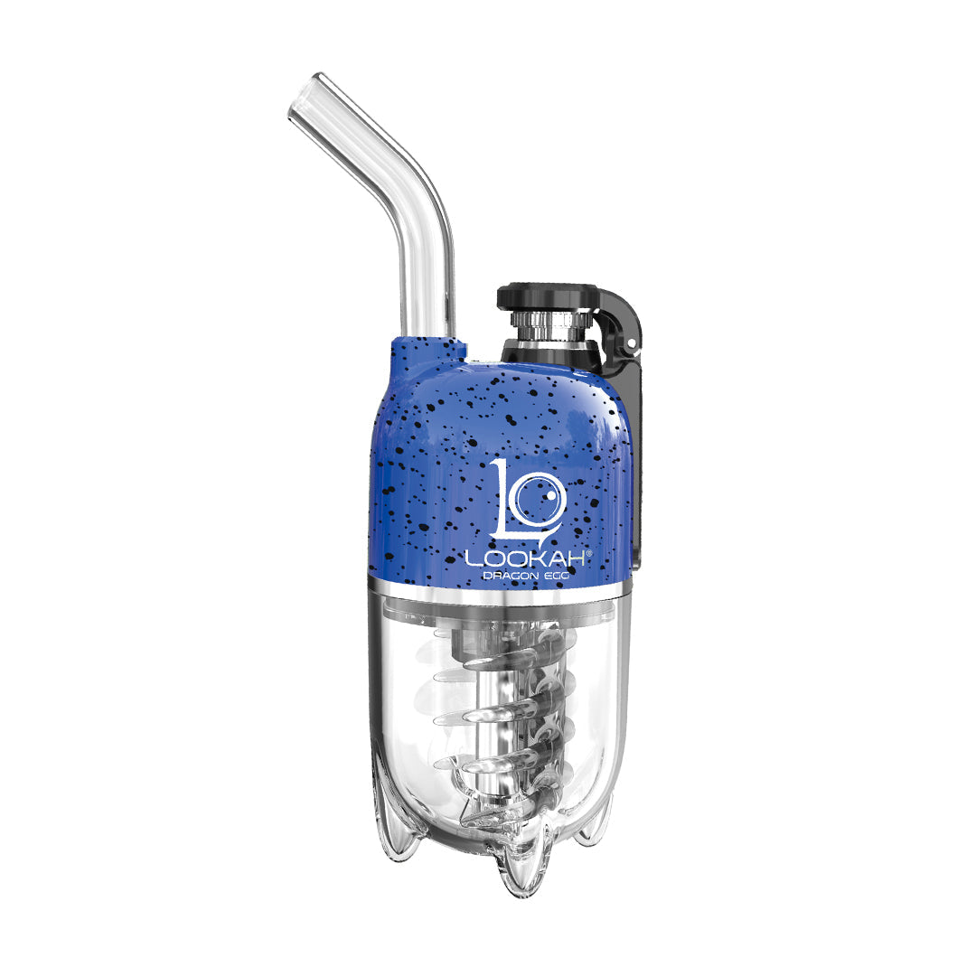 A crisp, front-facing studio product shot showcasing the LOOKAH Dragon Egg Vaporizer in the striking Blue-Black Spatter colorway. The upper zinc-alloy power frame features a deep cobalt blue base heavily layered with a textured black paint splatter design, sitting securely atop the transparent, food-grade perspex water bubbler filtration base.