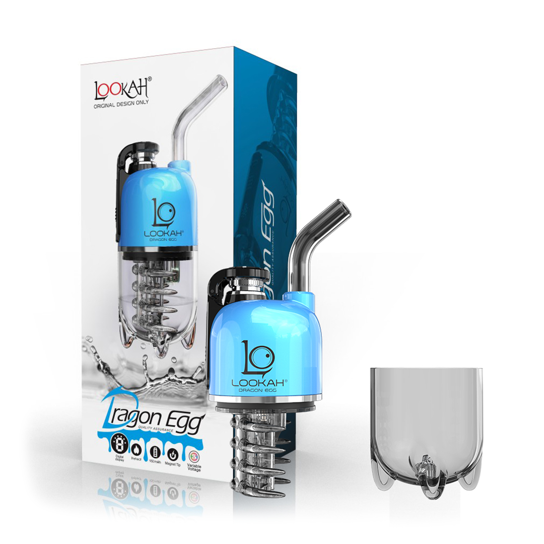 A clean front-facing studio product layout showing the LOOKAH Dragon Egg Vaporizer in Blue disassembled in half next to its retail box. The top half of the blue zinc-alloy device houses the 950mAh battery, digital screen, and top quartz atomizer, sitting directly beside the detached clear perspex bottom water chamber and the colorful branded packaging box.