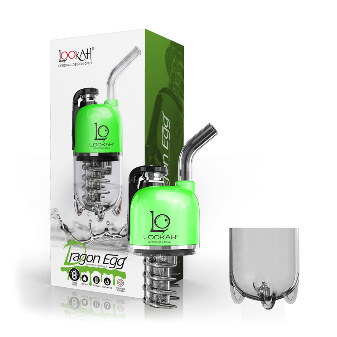 A clear front-facing studio product layout showing the LOOKAH Dragon Egg Vaporizer in Green disassembled in half next to its retail box. The top half of the lime-green zinc-alloy device houses the 950mAh battery, digital screen, and top quartz atomizer, sitting directly beside the detached clear perspex bottom water chamber and the colorful branded packaging box.