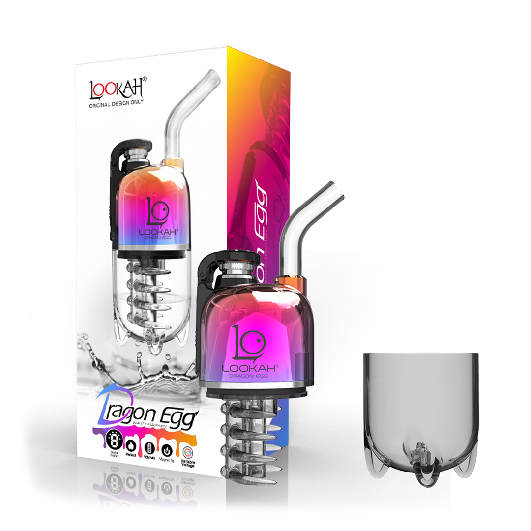 A detailed studio product layout showing the LOOKAH Dragon Egg Vaporizer in the stunning multi-color Rainbow finish disassembled in half next to its retail box. The top power housing unit features a brilliant, iridized neo-chrome rainbow gradient effect, separated from the transparent lower perspex water filtration base and arranged neatly alongside the official graphic cardboard packaging.
