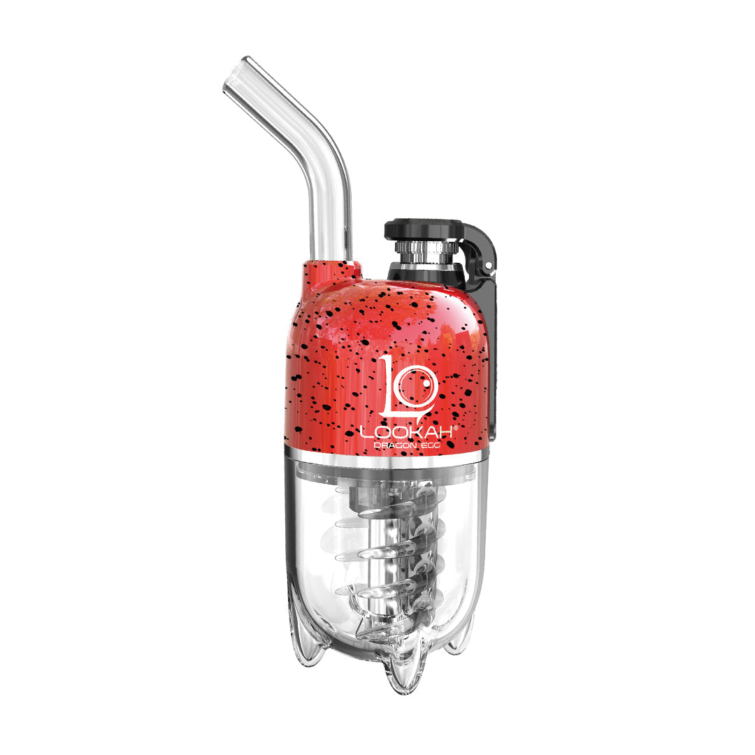A detailed, front-facing studio product shot displaying the LOOKAH Dragon Egg Vaporizer in the Red-Black Spatter finish option. The capsule-shaped handheld e-rig highlights a vibrant red upper chassis adorned with a bold black paint splatter pattern, contrasting cleanly with the transparent lower water filtration chamber.