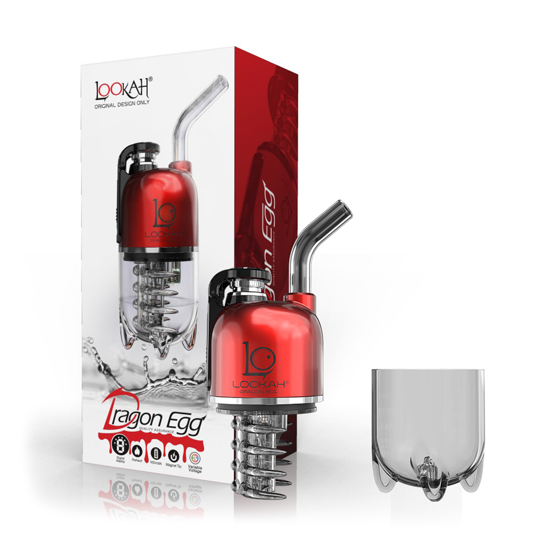 A crisp front-facing studio product layout showing the LOOKAH Dragon Egg Vaporizer in Red disassembled in half next to its retail box. The top half of the vibrant red zinc-alloy device houses the 950mAh battery, digital screen, and top quartz atomizer, sitting directly beside the detached clear perspex bottom water chamber and the colorful branded packaging box.
