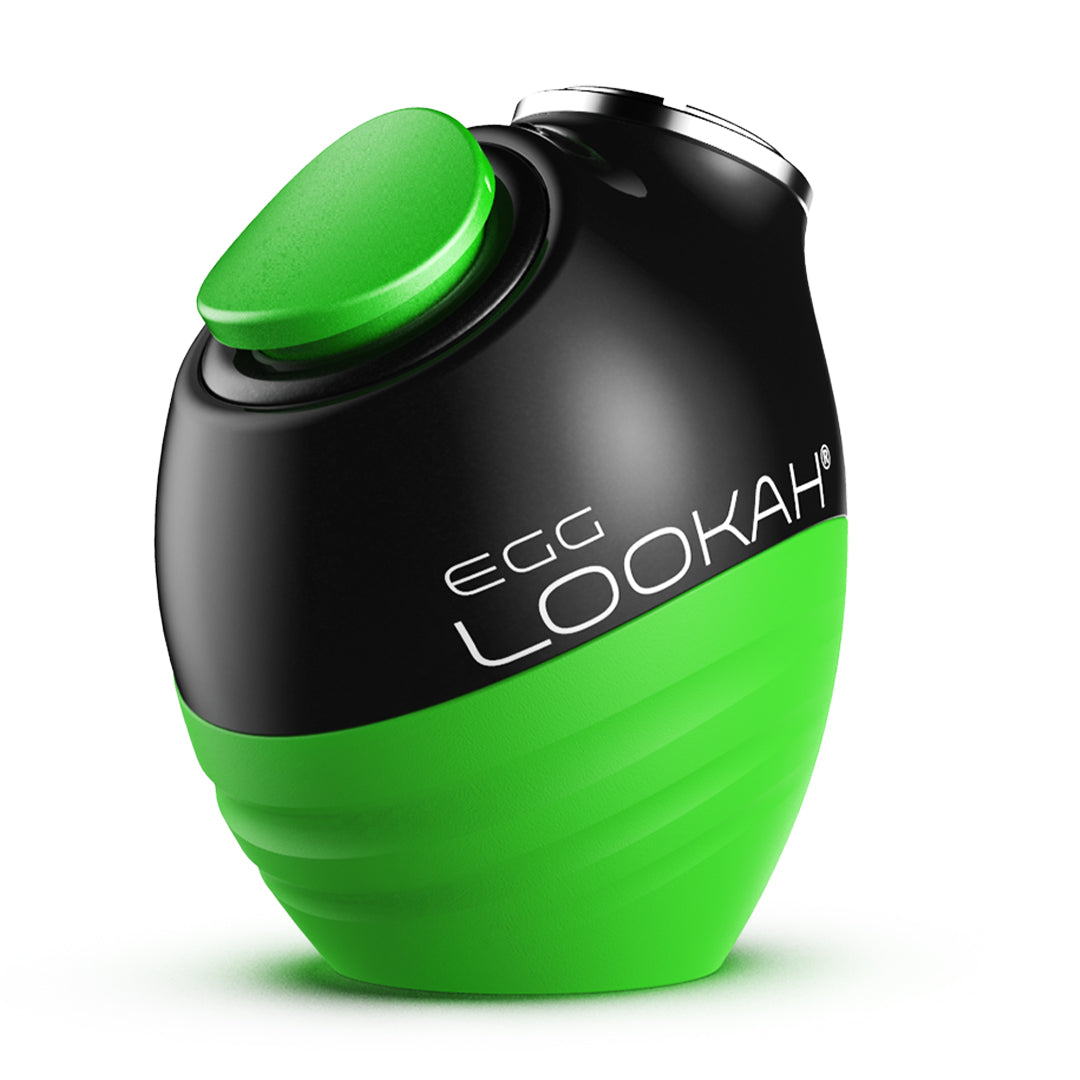 LOOKAH Egg 510 battery in Neon Green, highlighting the compact "egg" silhouette designed to prevent cartridges from rolling off flat surfaces.