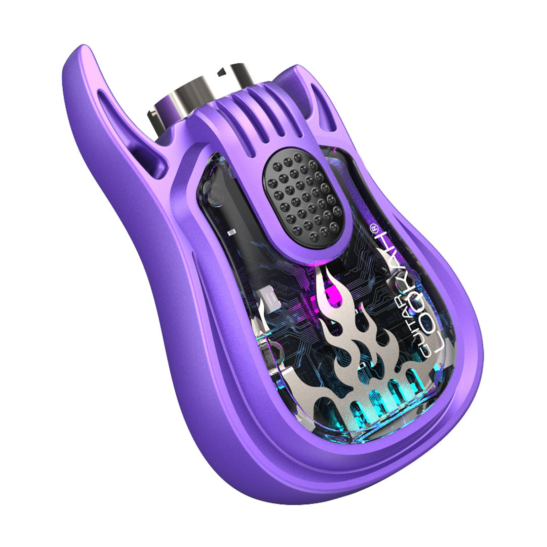 LOOKAH Guitar portable vape battery in Purple, highlighting the ergonomic side button and integrated lanyard clip for hands-free travel.