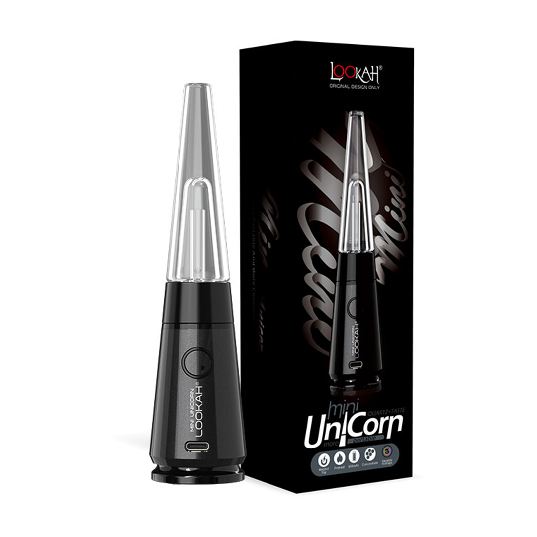 A clean front-facing studio product shot displaying the LOOKAH Mini Unicorn Vaporizer in Black standing right next to its official retail packaging box. The compact black electric dab rig highlights its attached clear glass bubbler cone mouthpiece and distinct single-button interface on a crisp background.