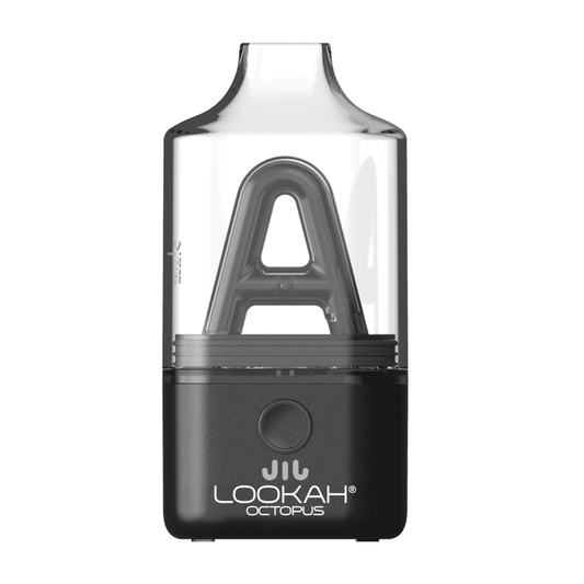 A high-resolution studio product shot displaying the LOOKAH Octopus Mini Electric Dab Rig in Black. The image highlights the sleek black lower chassis featuring the "LOOKAH OCTOPUS" logo, central power button, and clear top bubbler housing the internal "A" shaped percolator structure.