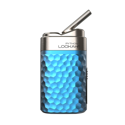 Studio product shot of the LOOKAH Python Wax Vaporizer in Blue. The photo highlights the metallic light blue body with its raised serpentine scale pattern, the brushed metal top collar displaying the "Python LOOKAH" logo, and the angled metal swivel mouthpiece extended for use.