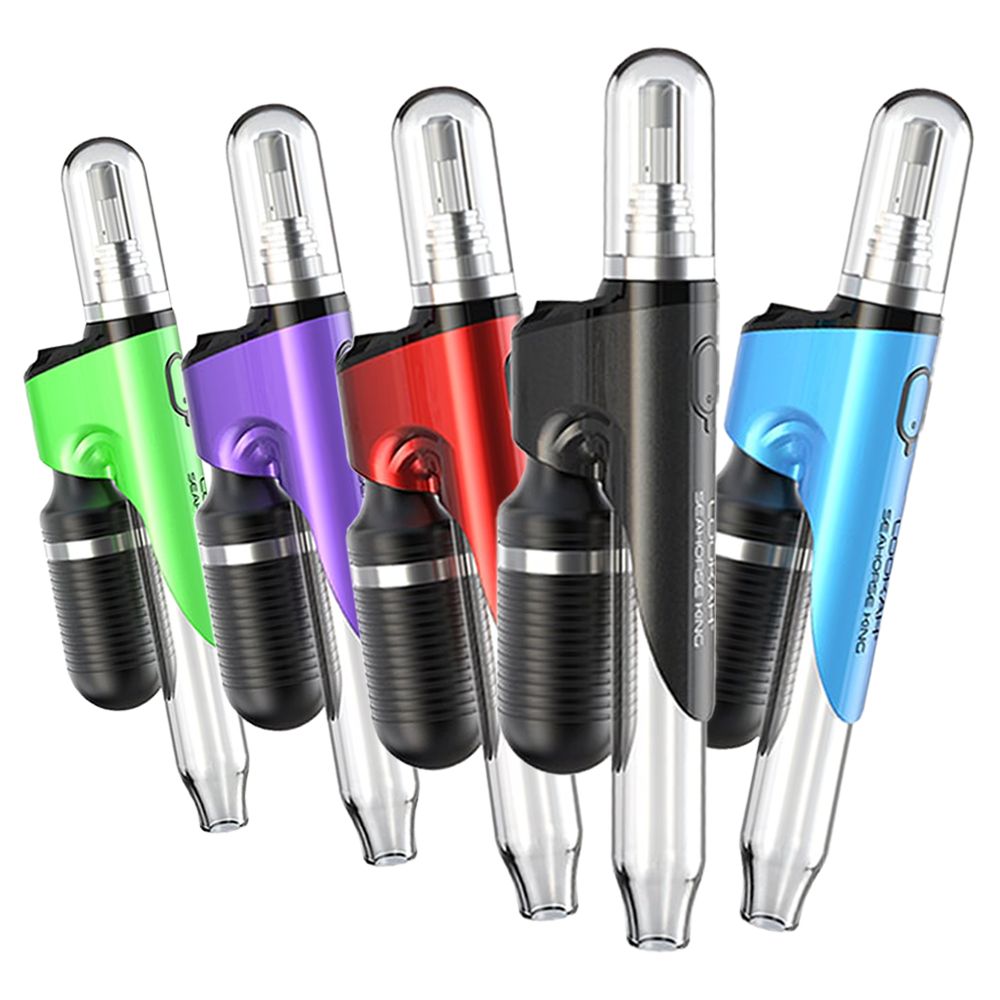 A studio showcase displaying the LOOKAH Seahorse King Electric Dab Straw Wax Pen lineup in Green, Purple, Red, Black, and Blue against a clean white background.