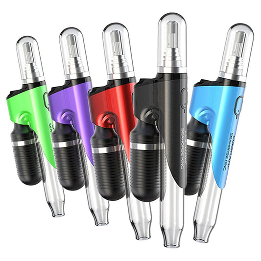 A studio showcase displaying the LOOKAH Seahorse King Electric Dab Straw Wax Pen lineup in Green, Purple, Red, Black, and Blue against a clean white background.