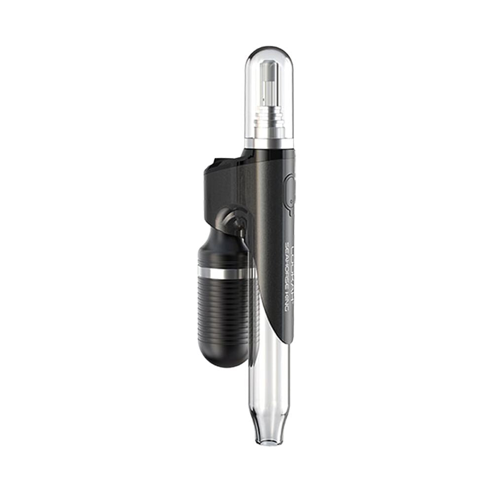 Front three-quarter view of the LOOKAH Seahorse King Electric Dab Straw in Black, featuring a metallic finish, clear glass mouthpiece tube, magnetic protective cap, and ribbed lower grip.