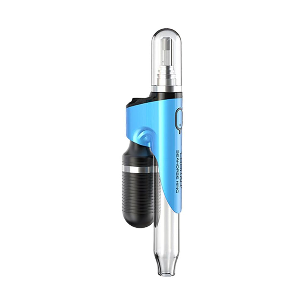 Front three-quarter view of the LOOKAH Seahorse King Electric Dab Straw in vibrant metallic Blue, showcasing the sleek metal body, magnetic coil cover, and clear glass vapor path.