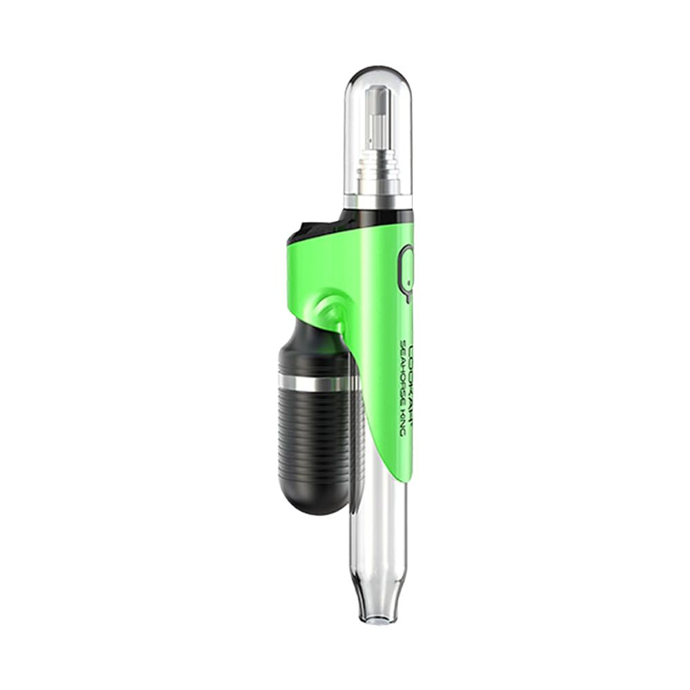 Front three-quarter view of the LOOKAH Seahorse King Electric Dab Straw in bright metallic Green, highlighting the single-button control, quartz tip cover, and ergonomic black base grip.