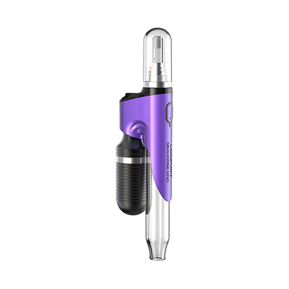 Front three-quarter view of the LOOKAH Seahorse King Electric Dab Straw in metallic Purple, showing the protective magnetic cap, clear glass tube, and compact design.