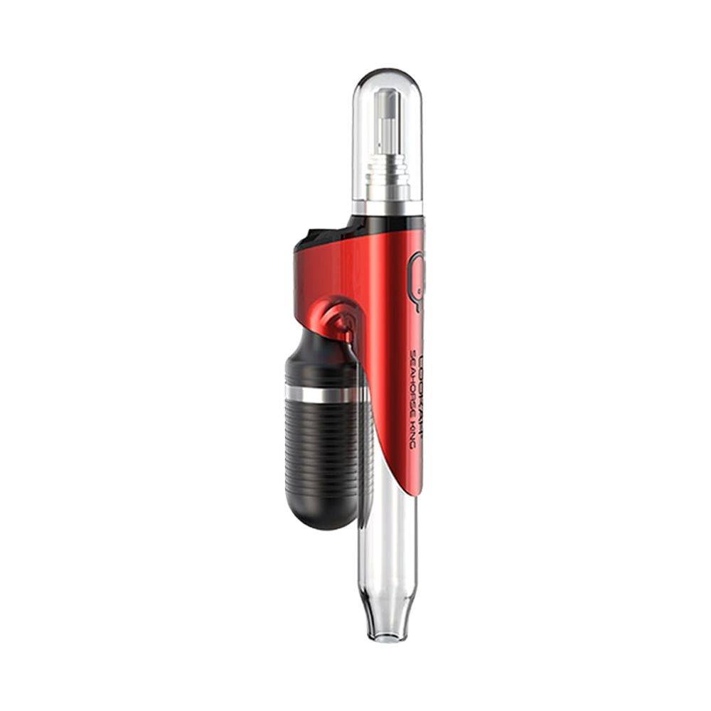 Front three-quarter view of the LOOKAH Seahorse King Electric Dab Straw in metallic Red, displaying the durable alloy body, clear mouthpiece section, and textured lower grip.