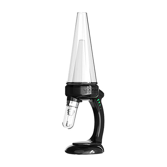 A clean studio product shot displaying the LOOKAH Seahorse Queen Electric Nectar Collector Dab Rig in Black. The image highlights the vertical black alloy frame and base, the clear quartz tip pointing downward, side-mounted LED light indicators along the handle, and the tall, clear cone-shaped glass water bubbler attached to the top housing.