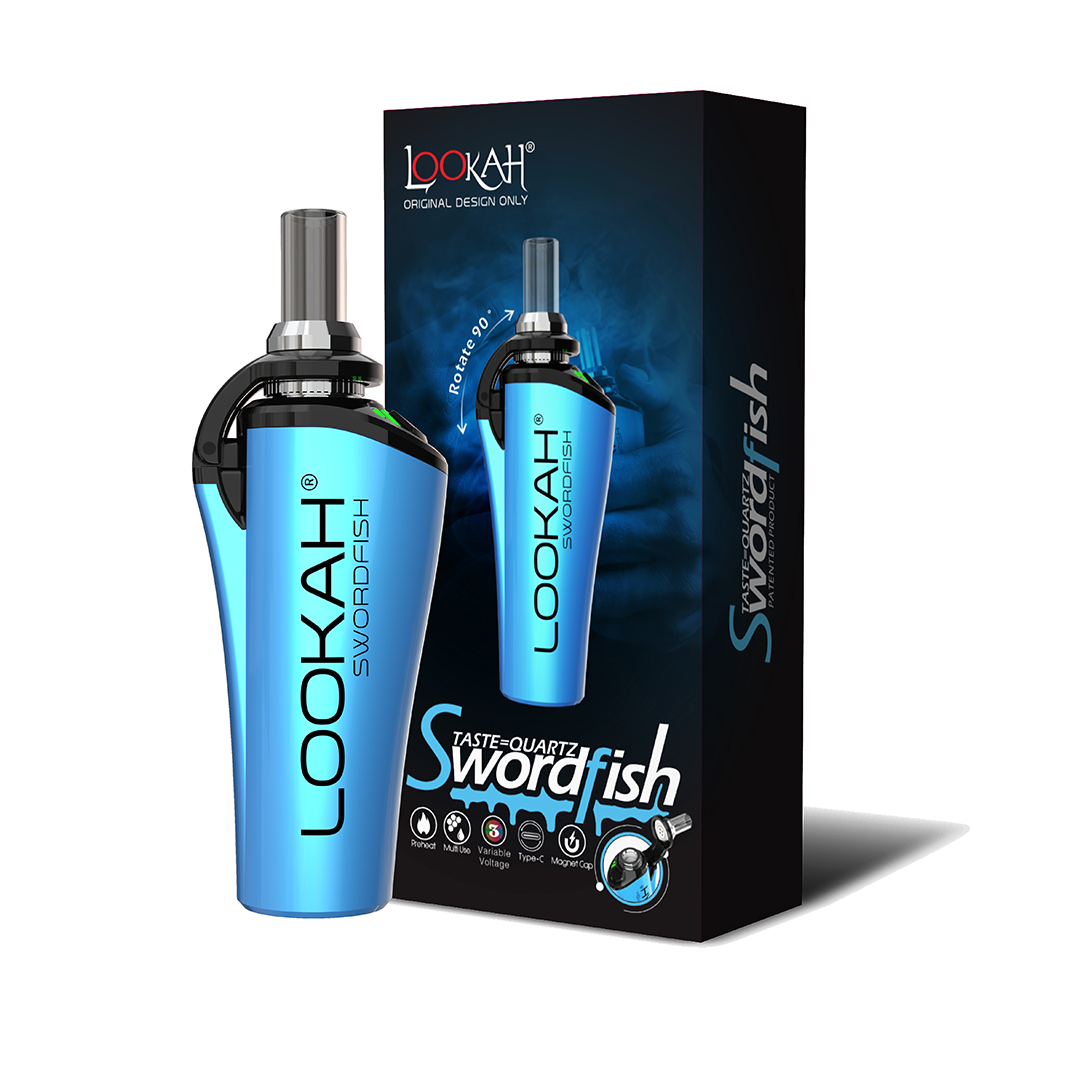 A studio product shot featuring the LOOKAH Swordfish Wax Dab Pen Vaporizer in Electric Blue standing alongside its official packaging box, showcasing the glossy blue finish, glass tip, and side branding.