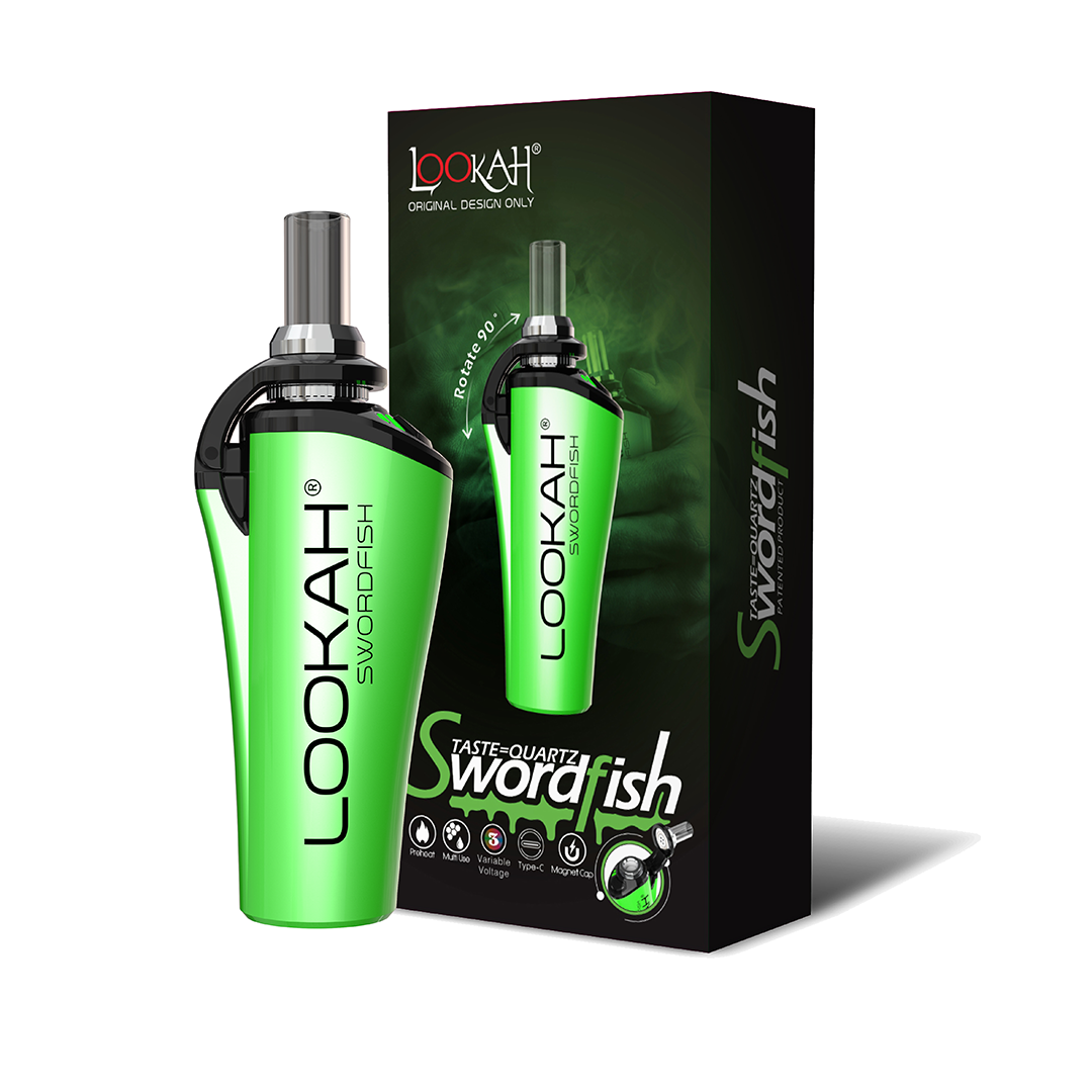 A studio product shot showcasing the LOOKAH Swordfish Wax Dab Pen Vaporizer in Neon Green next to its retail box, displaying the bright green metallic chassis, glass mouthpiece, and magnetic flip top.