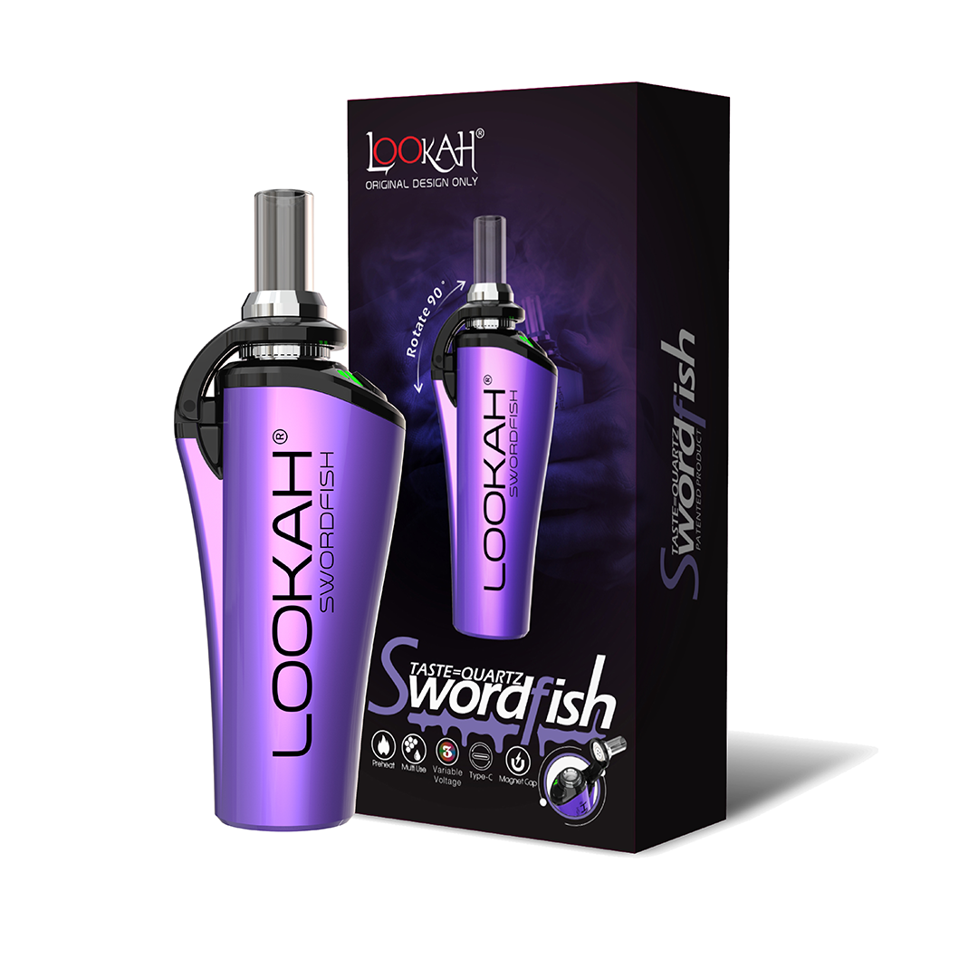 A studio product shot displaying the LOOKAH Swordfish Wax Dab Pen Vaporizer in Metallic Purple next to its official retail package, highlighting the vibrant purple body, side logo text, and glass mouthpiece top.