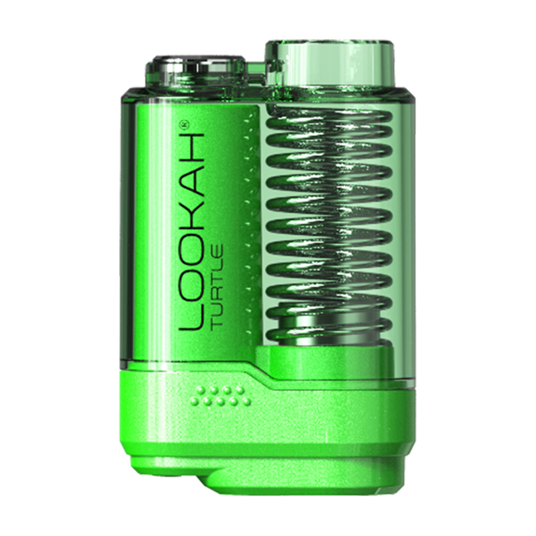 LOOKAH Turtle Vaporizer in Neon Green, showcasing the stylish magnetic cover and the LED indicator used for variable voltage and pre-heat functions.