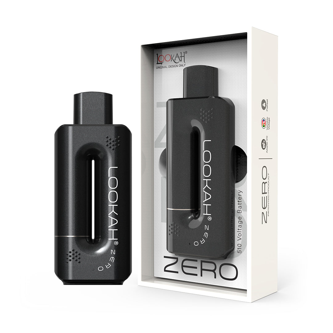 LOOKAH Zero 510 Battery in Black, shown next to its official retail packaging to highlight the slim "pencil" design and premium unboxing experience.