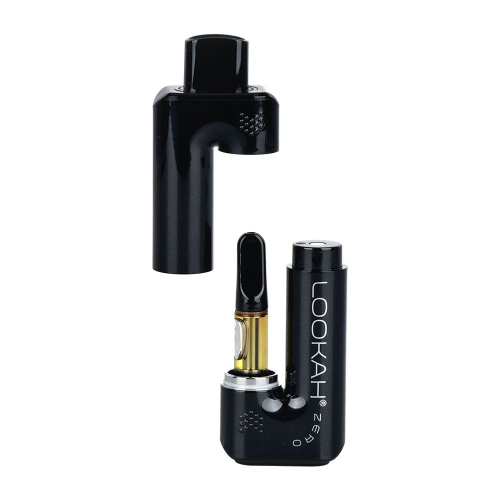 LOOKAH Zero in Black with the magnetic top cover hovering above the body, revealing how a slim 510-thread cartridge is securely housed and concealed within the frame.