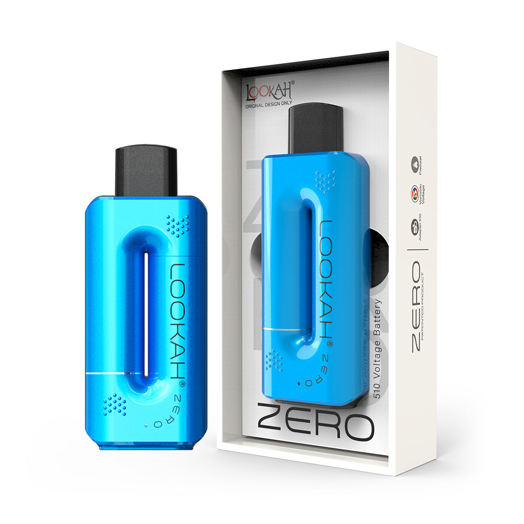 LOOKAH Zero in Blue, displayed alongside its retail box, showcasing the vibrant metallic finish and the device’s ultra-compact, travel-friendly size.