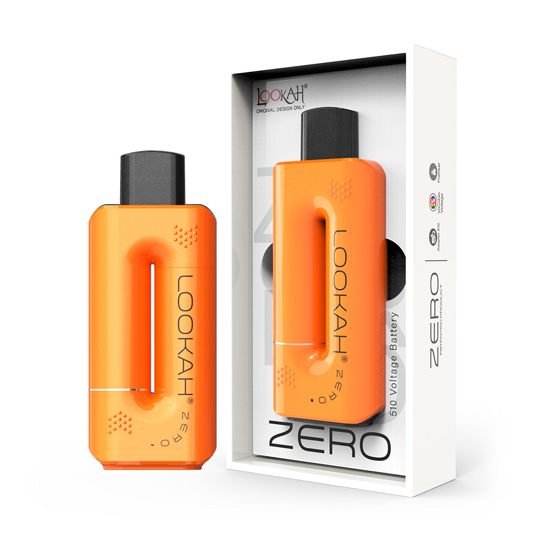 LOOKAH Zero in Orange, displayed alongside its retail box, showcasing the vibrant, high-visibility metallic finish of this discreet stealth battery.