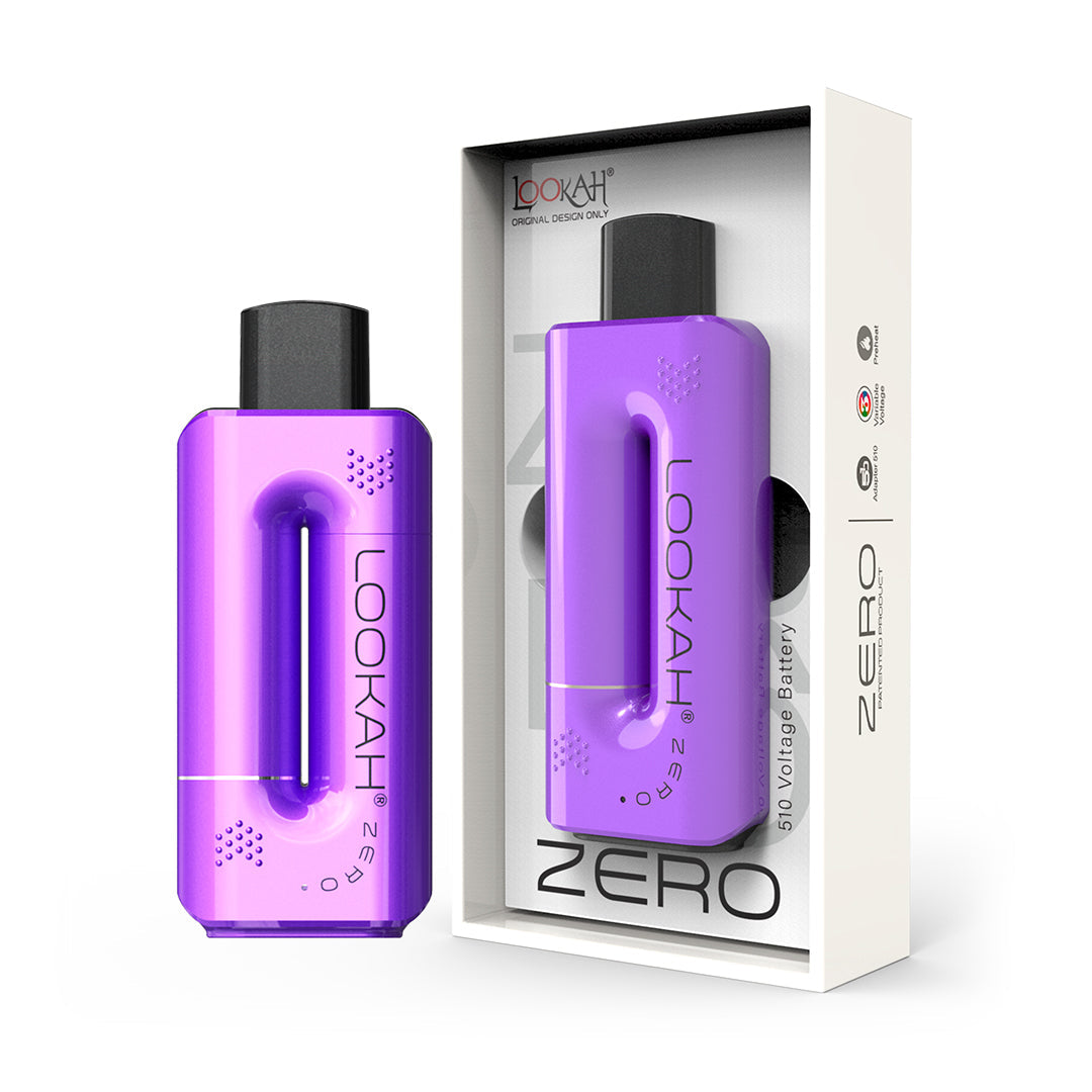 LOOKAH Zero 510 Battery in Purple, shown next to its official retail packaging, highlighting the elegant matte finish and slim, pocket-friendly design.