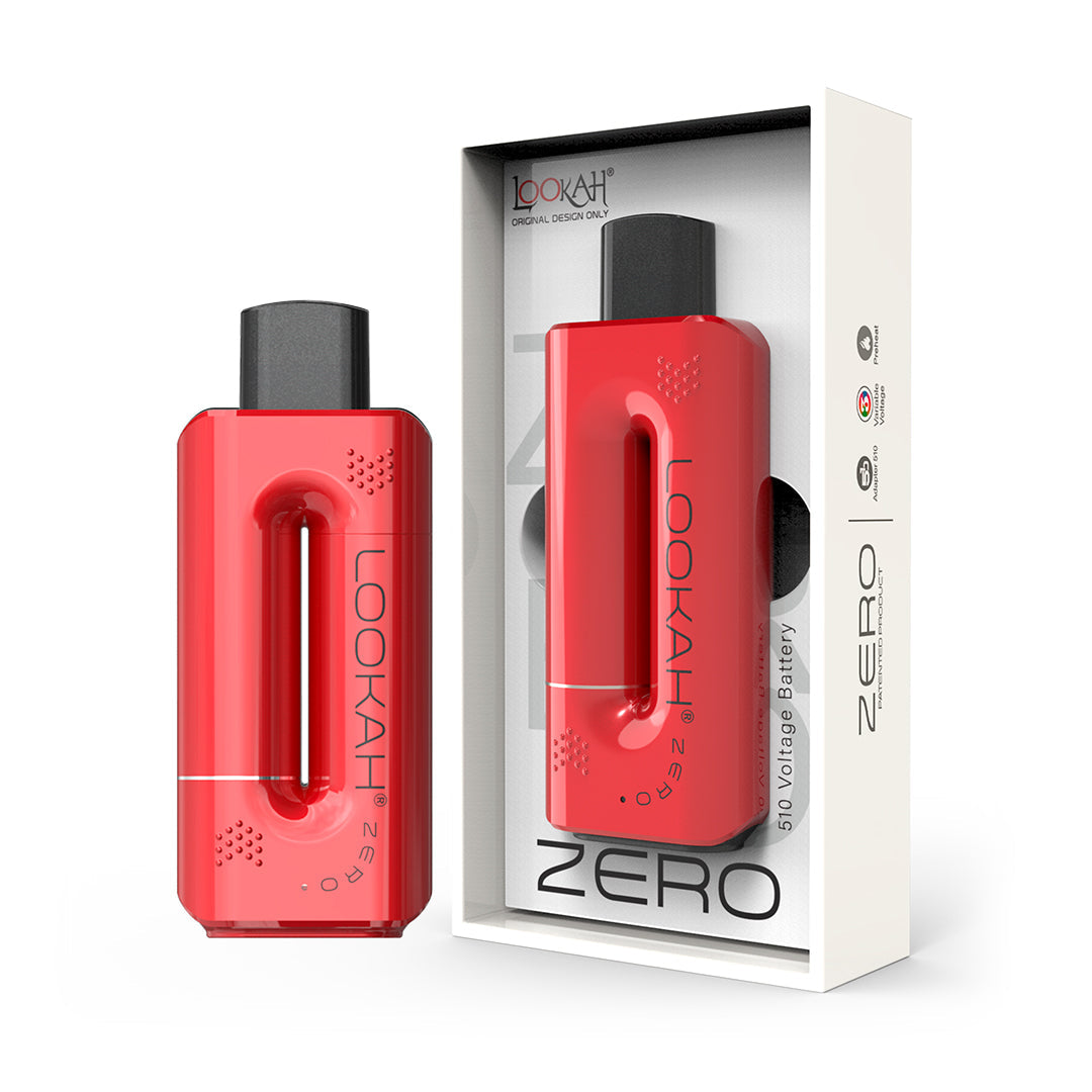 LOOKAH Zero in Red, shown next to its professional retail box, highlighting the bold colorway and the "invisible" magnetic cartridge shell.