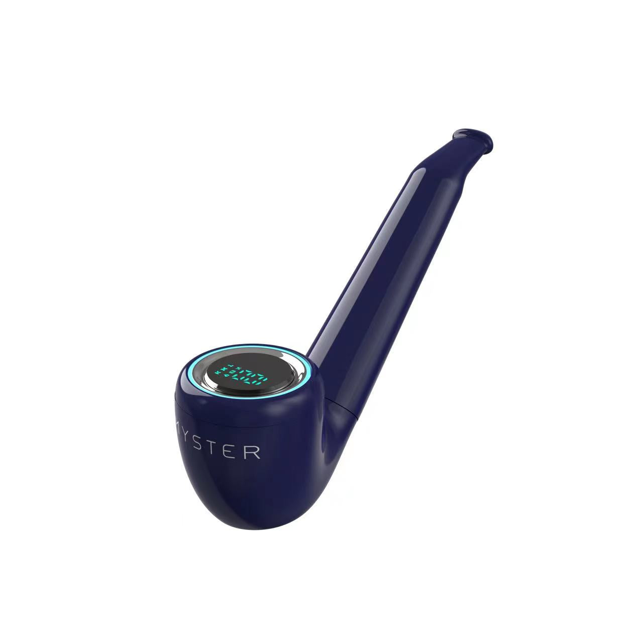 Myster PYPE 510 thread battery in Indigo Blue. A Sherlock-style vape battery with a digital LED display and glowing cyan interface.